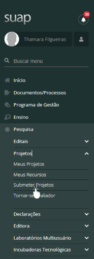 Menu do Suap para submissão de projeto de pesquisa