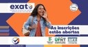 #PraCegoVer: Banner publicitário com fundo em tons de laranja e azul. No centro, uma jovem negra sorridente veste jaqueta jeans, carrega uma mochila nas costas e posiciona a mão ao lado da boca como se estivesse gritando uma novidade. Ao lado, a frase: "As inscrições estão abertas". No topo, o logo do exato e um carimbo com os dizeres: 18 de outubro - 2026 - 2ª edição. Abaixo, os logos do IFTO, da UFNT e da UFT e p perfil @acessoexato